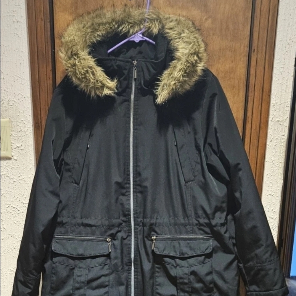 CROFT & BARROW Women's Parka Faux-Fur Hooded Coat Black Size XL Water Resistant